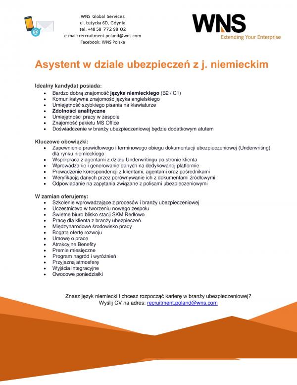 WNS Asystent w dziale ubezpieczen z j. niemieckim 1