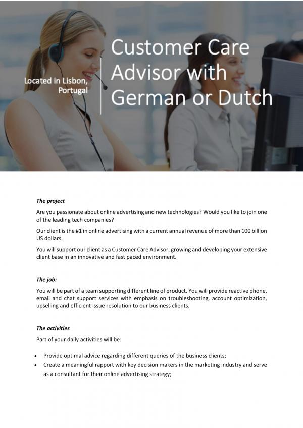 Customer Care Advisor with German or Dutch 1