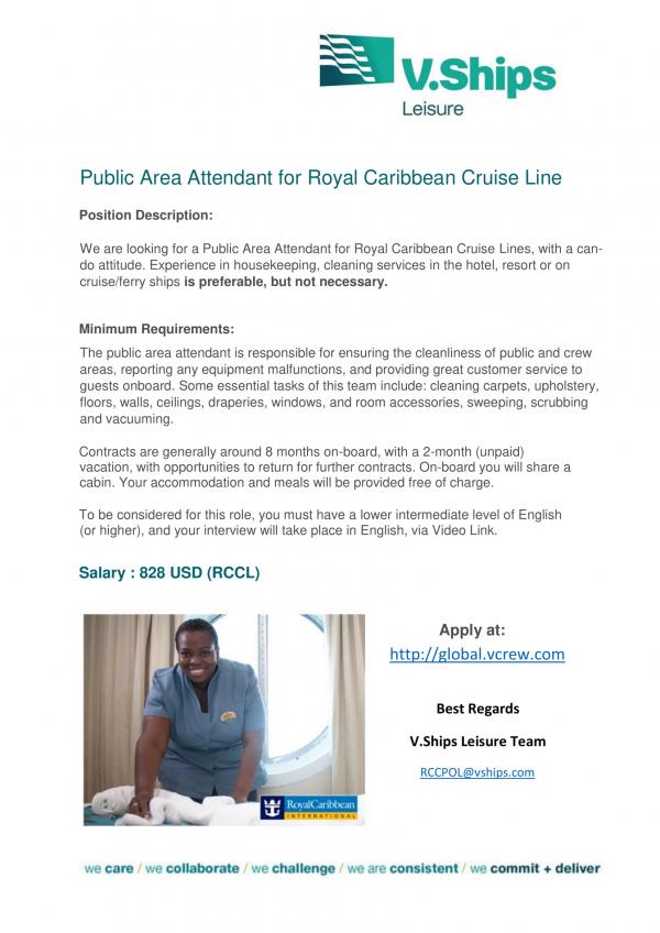 Public Area Attendant for Royal Caribbean Cruise Line 1