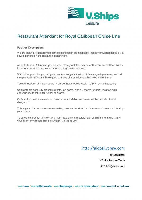 Restaurant Attendant for Royal Caribbean Cruise Line 1